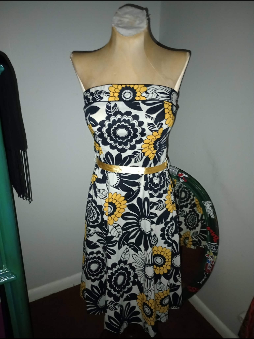 B Darlin Strapless Floral Midi Dress in Black, White & Yellow